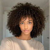 Afro Curly Brown Bob Wigs With Bangs High Density Machine Made Wig Glueless Human Hair Wigs