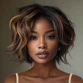 Put On & Go Glueless Gorgeous Highlight Golden Brown Short Wave Pixie Cut Human Hair Wigs
