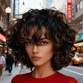 Wear and Go Wigs #1B/30 Highlight Curly Bob Wigs With Bangs Glueless Human Hair Wigs