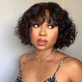 Short Cut Loose Curl Bob Human Hair 4x4 Lace Closure Wig With Wispy Bangs