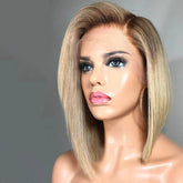 Ashy Grey Blonde Human Hair Lace Front Wig Short Bob Straight Frontal Wigs