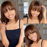 Short Straight Brown Bob Wigs with Bangs Lace Front Human Hair Wigs