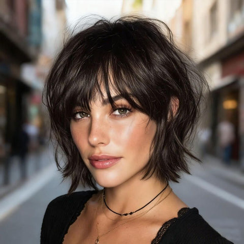 Wear And Go Wigs Pixie Cut Bob Wigs With Bangs Machine Made Wig Glueless Human Hair Wigs