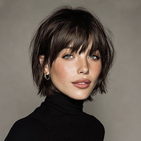 Wear And Go Wigs Pixie Cut Bob Wigs With Bangs Machine Made Wig Glueless Human Hair Wigs