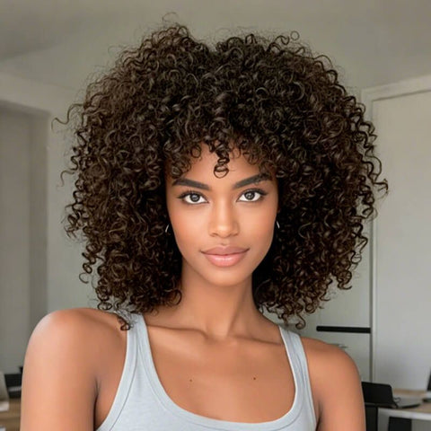 Afro Curly Brown Bob Wigs With Bangs High Density Machine Made Wig Glueless Human Hair Wigs