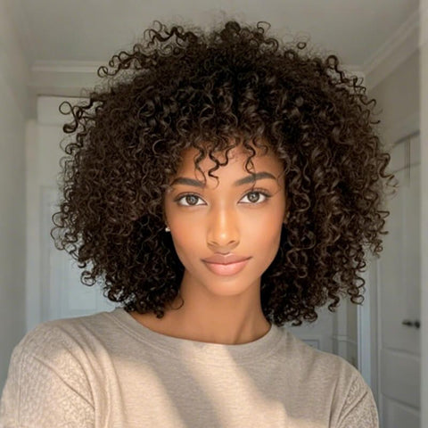 Afro Curly Brown Bob Wigs With Bangs High Density Machine Made Wig Glueless Human Hair Wigs