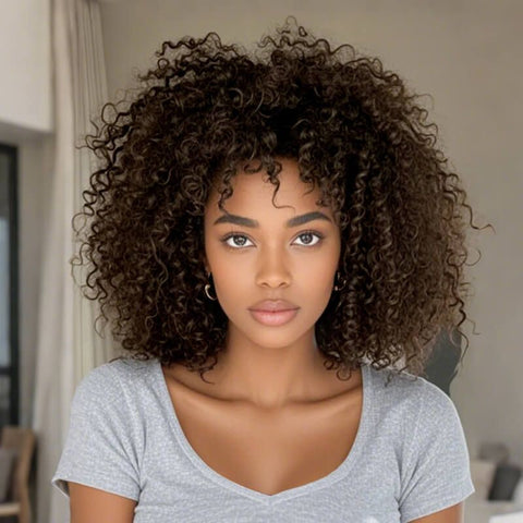 Afro Curly Brown Bob Wigs With Bangs High Density Machine Made Wig Glueless Human Hair Wigs