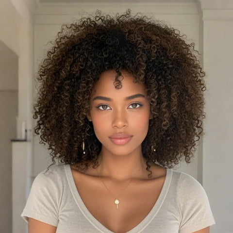 Afro Curly Brown Bob Wigs With Bangs High Density Machine Made Wig Glueless Human Hair Wigs