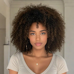 Afro Curly Brown Bob Wigs With Bangs High Density Machine Made Wig Glueless Human Hair Wigs