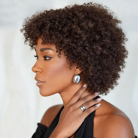 Wear and Go Wigs Medium Brown Afro Curly Wigs With Bangs No Lace Glueless Human Hair Wigs