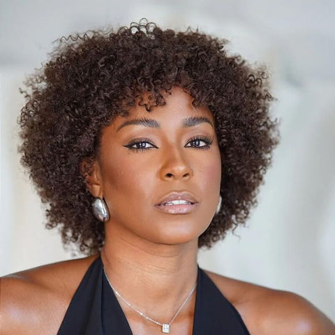 Wear and Go Wigs Medium Brown Afro Curly Wigs With Bangs No Lace Glueless Human Hair Wigs