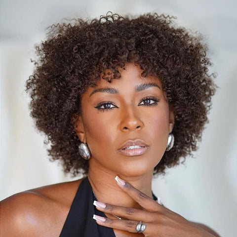 Wear and Go Wigs Medium Brown Afro Curly Wigs With Bangs No Lace Glueless Human Hair Wigs
