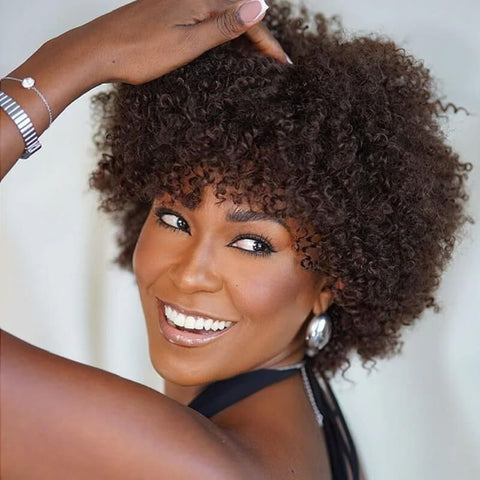 Wear and Go Wigs Medium Brown Afro Curly Wigs With Bangs No Lace Glueless Human Hair Wigs