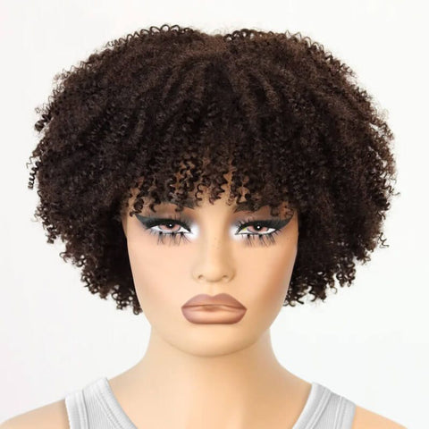 Wear and Go Wigs Medium Brown Afro Curly Wigs With Bangs No Lace Glueless Human Hair Wigs