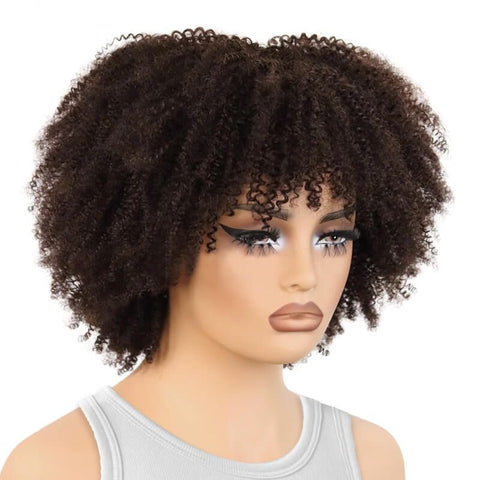 Wear and Go Wigs Medium Brown Afro Curly Wigs With Bangs No Lace Glueless Human Hair Wigs