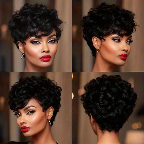 Wear and Go Wigs Short Curly Pixie Cut No Lace Machine Made Wig Human Hair Wigs
