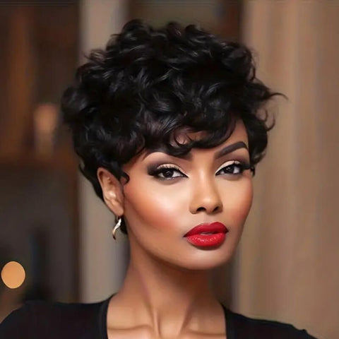 Wear and Go Wigs Short Curly Pixie Cut No Lace Machine Made Wig Human Hair Wigs