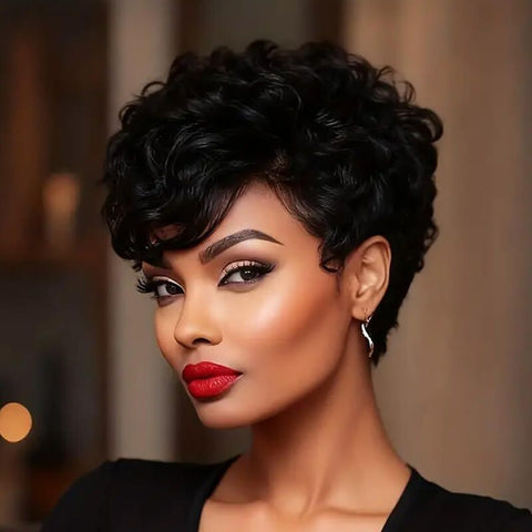 Wear and Go Wigs Short Curly Pixie Cut No Lace Machine Made Wig Human Hair Wigs