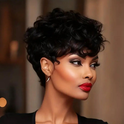 Wear and Go Wigs Short Curly Pixie Cut No Lace Machine Made Wig Human Hair Wigs