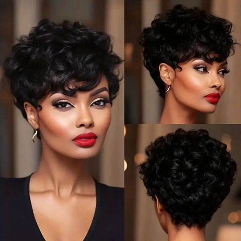 Wear and Go Wigs Short Curly Pixie Cut No Lace Machine Made Wig Human Hair Wigs
