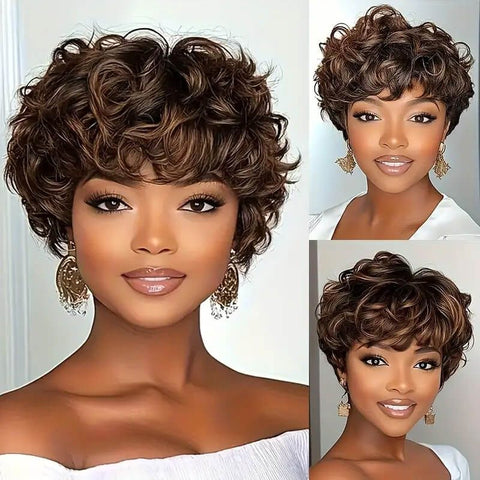Wear And Go Wigs Pixie Cut Curly Wigs No Lace Machine Made Wig Human Hair Wigs