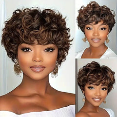 Wear And Go Wigs Pixie Cut Curly Wigs No Lace Machine Made Wig Human Hair Wigs