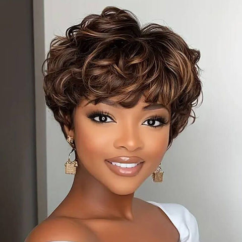 Wear And Go Wigs Pixie Cut Curly Wigs No Lace Machine Made Wig Human Hair Wigs