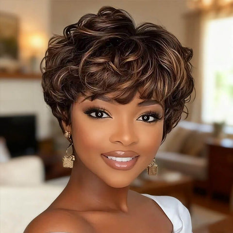 Wear And Go Wigs Pixie Cut Curly Wigs No Lace Machine Made Wig Human Hair Wigs
