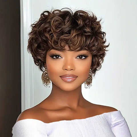 Wear And Go Wigs Pixie Cut Curly Wigs No Lace Machine Made Wig Human Hair Wigs