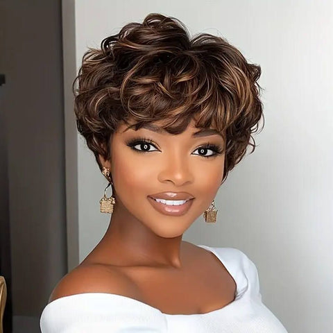 Wear And Go Wigs Pixie Cut Curly Wigs No Lace Machine Made Wig Human Hair Wigs