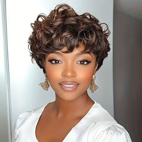 Wear And Go Wigs Pixie Cut Curly Wigs No Lace Machine Made Wig Human Hair Wigs