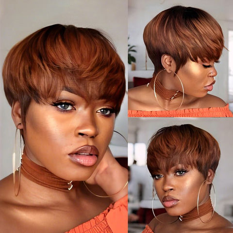 Wear And Go Wigs Machine Made No Lace Pixie Cut Short Bob Wigs With Bangs Human Hair Wigs