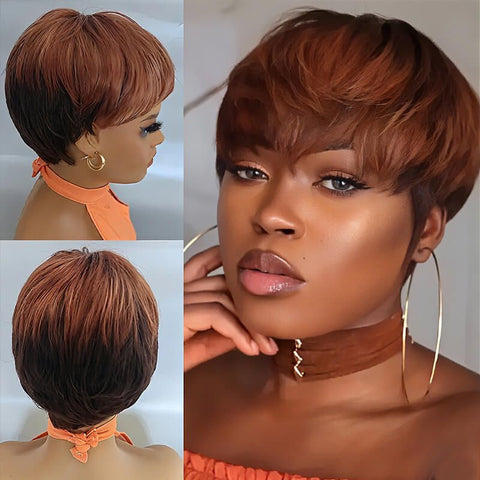 Wear And Go Wigs Machine Made No Lace Pixie Cut Short Bob Wigs With Bangs Human Hair Wigs