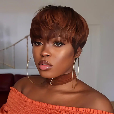Wear And Go Wigs Machine Made No Lace Pixie Cut Short Bob Wigs With Bangs Human Hair Wigs