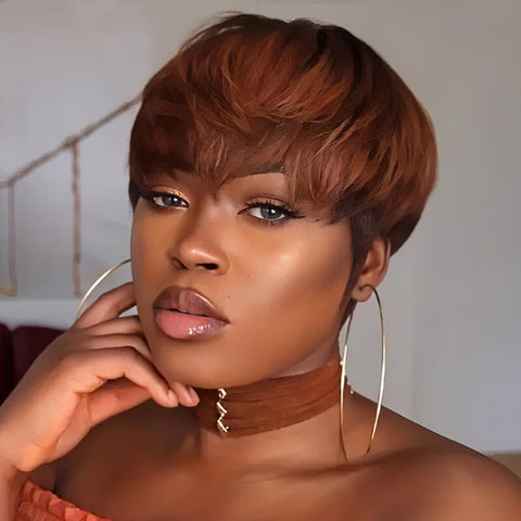 Wear And Go Wigs Machine Made No Lace Pixie Cut Short Bob Wigs With Bangs Human Hair Wigs