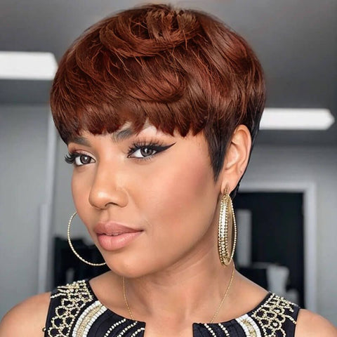 Wear And Go Wigs Machine Made No Lace Pixie Cut Short Bob Wigs With Bangs Human Hair Wigs