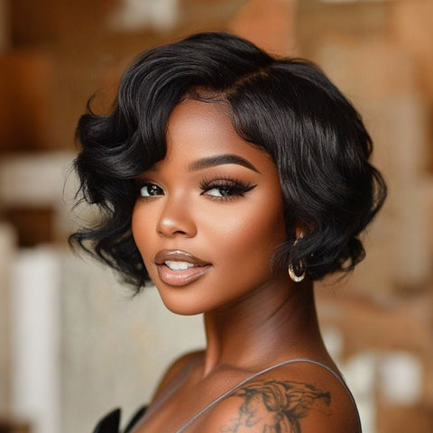 Put On & Go Glueless Short wavy Pixie Cut Wigs With Bangs Pre Cut Lace Human Hair Wigs
