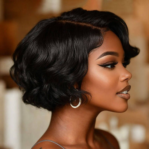 Put On & Go Glueless Short wavy Pixie Cut Wigs With Bangs Pre Cut Lace Human Hair Wigs