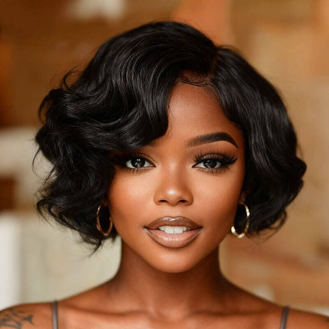 Put On & Go Glueless Short wavy Pixie Cut Wigs With Bangs Pre Cut Lace Human Hair Wigs