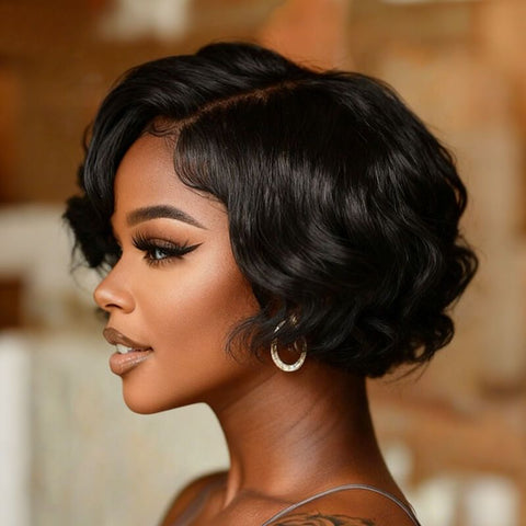 Put On & Go Glueless Short wavy Pixie Cut Wigs With Bangs Pre Cut Lace Human Hair Wigs