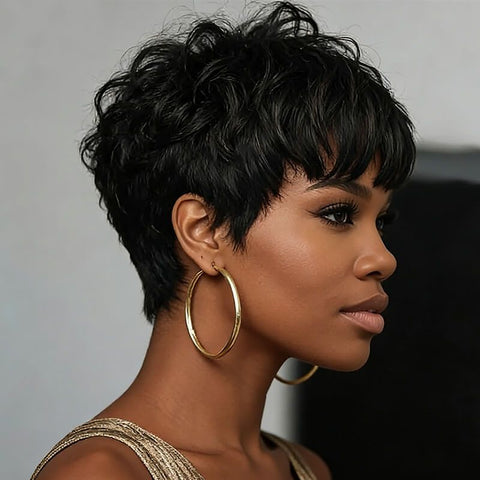 Wear and Go Wigs Pixie Cut No Lace Machine Made Wig Glueless Human Hair Wigs