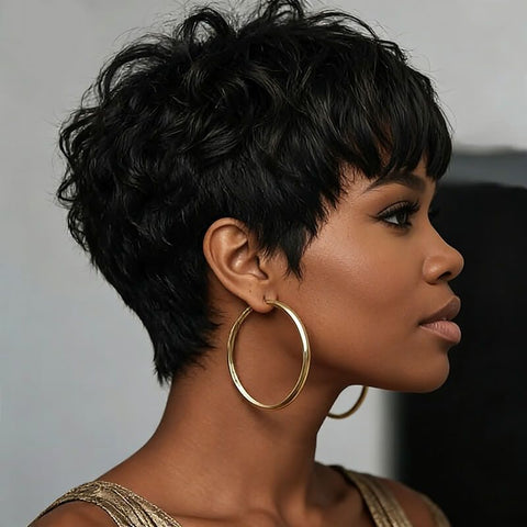 Wear and Go Wigs Pixie Cut No Lace Machine Made Wig Glueless Human Hair Wigs