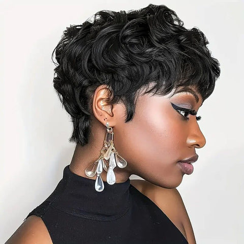 Wear And Go Wigs Natural Black Pixie Cut Curly Wave Wigs Machine Made Wig Glueless Human Hair Wigs