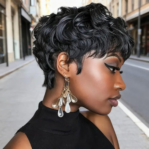 Wear And Go Wigs Natural Black Pixie Cut Curly Wave Wigs Machine Made Wig Glueless Human Hair Wigs