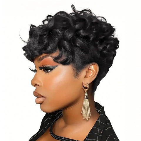 Wear And Go Wigs Natural Black Pixie Cut Curly Wave Wigs Machine Made Wig Glueless Human Hair Wigs