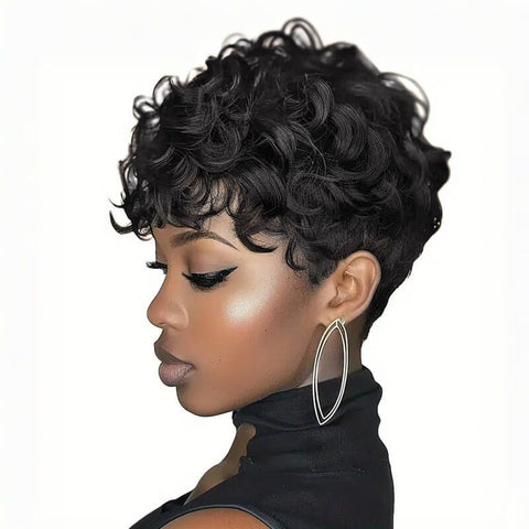 Wear And Go Wigs Natural Black Pixie Cut Curly Wave Wigs Machine Made Wig Glueless Human Hair Wigs