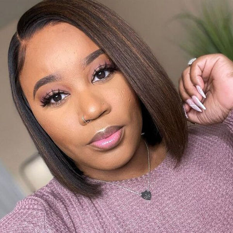 Golden Brown Highlight Straight Short Bob Wigs with Side Part Human Hair Wigs