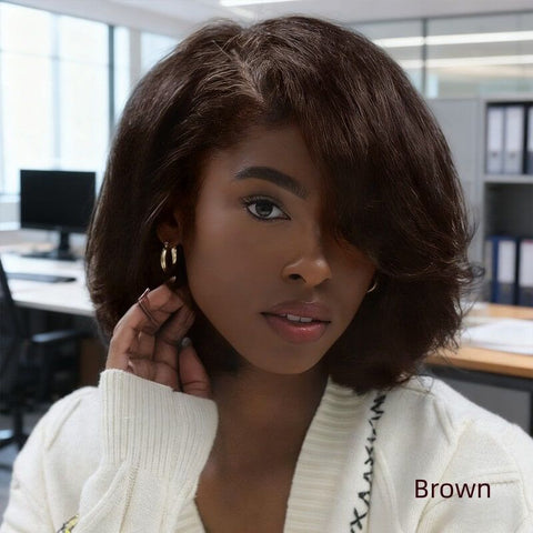 Glueless Layered Cut Yaki Bob Wigs With Bangs Lace Front Wig Best Human Hair Wigs