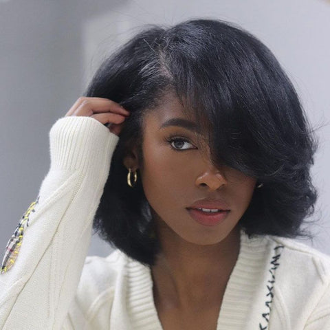 Glueless Layered Cut Yaki Bob Wigs With Bangs Lace Front Wig Best Human Hair Wigs
