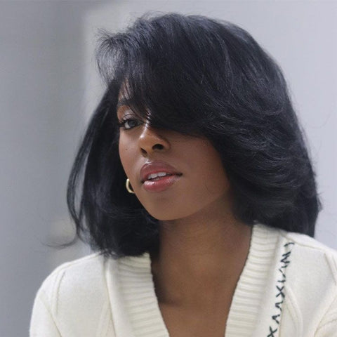 Glueless Layered Cut Yaki Bob Wigs With Bangs Lace Front Wig Best Human Hair Wigs